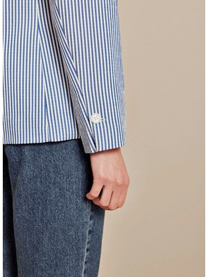 Brooks Brothers Mavi Kadın Regular Fit Çizgili Ceket BBSS26FBL010