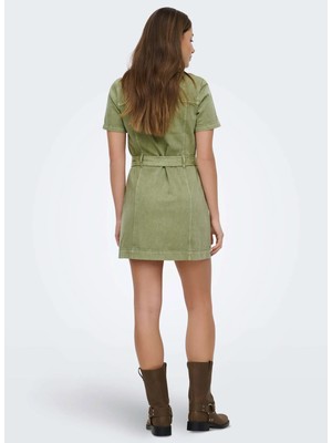 Only Yağ Yeşili Kadın Gömlek Normal Elbise Onlsılla S/s Zıp Belt Short Dress P