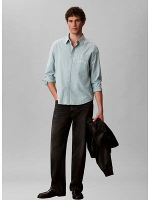 Calvin Klein Jeans Yeşil Erkek Regular Fit Çizgili Gömlek LV04RF104GVFL Yeşil Gömlek