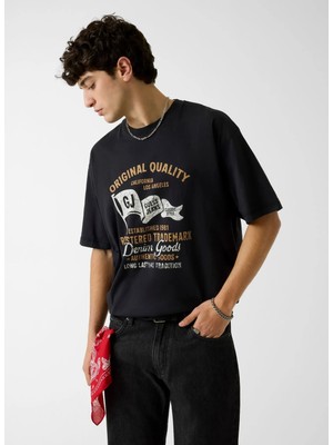 Guess Jeans Siyah Erkek Oversized Baskılı T-Shirt M6GIB8K8FQ4-JTMU Siyah T-Shirt