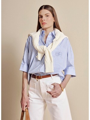 Brooks Brothers Mavi Kadın Rahat Çizgili Gömlek BBSS26FSH018