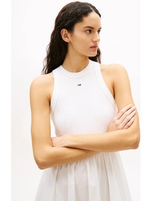 Tommy Jeans Ekru Kadın Yuvarlak Standart Elbise Tjw Rıb Poplın Tank Dress Ext