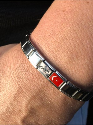 C&On Design Erkek Kadın Çelik Bileklik - Ay Yıldız Türk Bayrağı Atatürk Imzalı • Italyan Charm Nomi • Sevgiliye