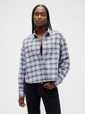 Gap Kadın Mavi Flannel Straight-Hem Crop Gömlek