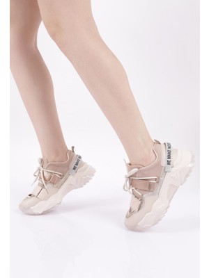 DGN 65140-22Y Kadın Mega Kalın Taban Cırtlı Sneakers Ayakkabı Pudra - Pembe Renk Düz Taban