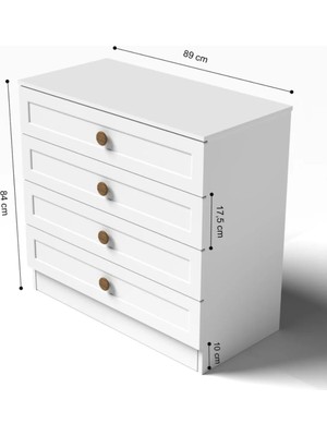 PlatinReyon MDF Kapaklı Bohem Şifonyer 4 Çekmeceli Beyaz Modern Tasarım 89x44x84 cm