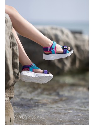 Sandal Spor Kadın Dolgu Topuk Cırtlı Günlük Spor Sandalet SS001-0178 Mavi Mor