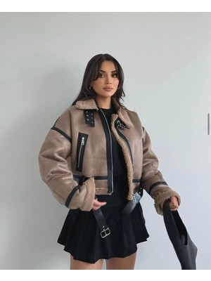 Vess Moda Kadın Lamine Deri Içi Kürk Kemer Detaylı Mont Sütlükahve