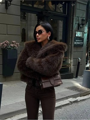 Vess Moda Kadın Premium Kalite Şal Yaka Kürk Mont Acı Kahve