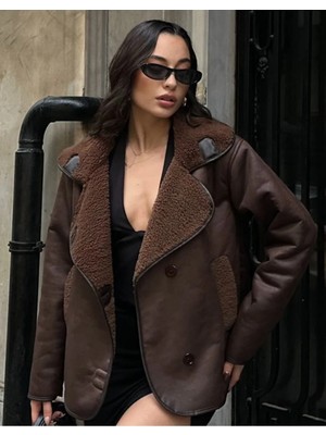 Vess Moda Kadın Oversize Lamine Içi Peluş Kürk Mont Ceket Kahve
