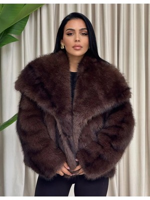 Vess Moda Kadın Kırçıllı Tilki Desen Jakar Kürk Mont