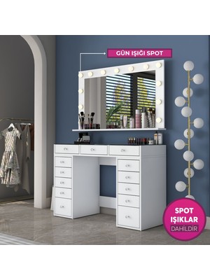 Rani BJ197 Makyaj Masası 13 Çekmeceli Cam Tablalı Takı Düzenleyici Günışığı