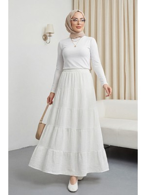 Moda Morfo Beli Lastikli Parçalı Müslin Etek -Ekru