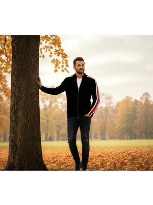 Pierre Cardin Erkek Slim Fit Siyah Yün Karışımlı Fermuarlı Triko Hırka Orta Kalınlıkta Dokuma 50296447-VR046