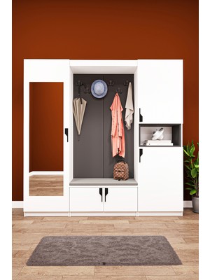 Asra Trend Lüks Aynalı Portmanto Askılı Vestiyer %100 MDF Çok Raflı Ayakkabılık V06