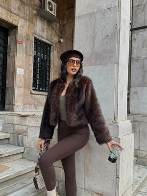 Vess Moda Tilki Desen Içi Astarlı Jakar Crop Kürk Mont