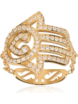 Emiliano Jewellery Zirkon Taşlı Altın Kaplama Fatma Ana Eli Gümüş Yüzük