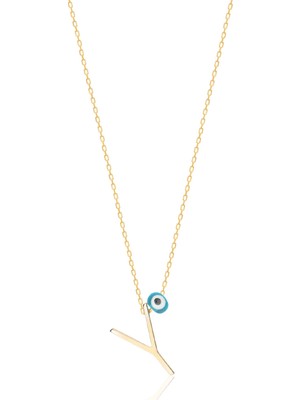 Emiliano Jewellery Altın Kaplamalı Nazar Boncuklu Y Harfi Gümüş Kolye
