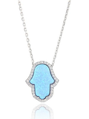 Emiliano Jewellery Zirkon Taşlı Pırlanta Montür Gümüş Rengi Kaplama Ortası Sedef Taş Fatma Nın Eli Gümüş Kolye
