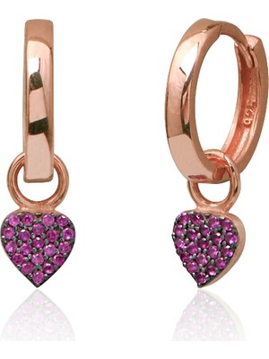 Emiliano Jewellery Kırmızı Zirkon Taşlı Rose Altın Kaplama Kalpli Gümüş Küpe