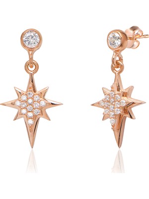 Emiliano Jewellery Zirkon Taşlı Rose Altın Kaplama Sallantılı Kutup Yıldızı Gümüş Küpe