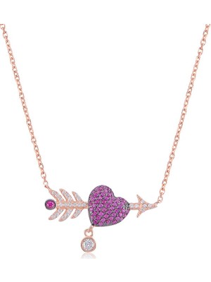 Emiliano Jewellery Zirkon Taşlı Pırlanta Montür Kırmızı Taşlı Oklu Kalp Gümüş Kolye