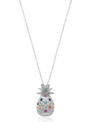 Emiliano Jewellery Renkli Zirkon Taşlı Gümüş Rengi Kaplamalı Ananas Desenli Gümüş Kolye