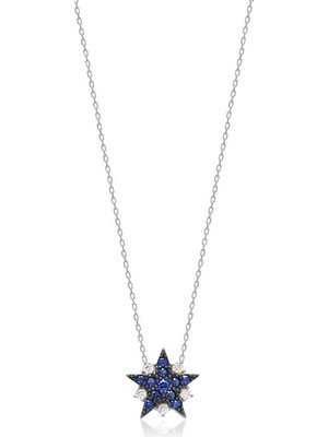 Emiliano Jewellery Lacivert Taşlı Gümüş Rengi Kaplamalı Yıldız Gümüş Kolye