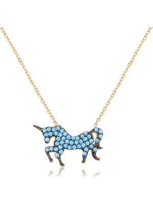 Emiliano Jewellery Turkuaz Taşlı Pırlanta Montür Altın Kaplama Unicorn Gümüş Kolye