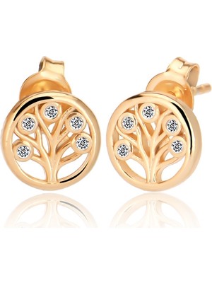 Emiliano Jewellery Zirkon Taşlı Altın Kaplamalı Hayat Ağacı Desenli Gümüş Küpe