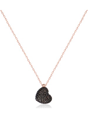 Emiliano Jewellery Siyah Taşlı Rose Altın Kaplamalı Şişme Kalp Gümüş Kolye