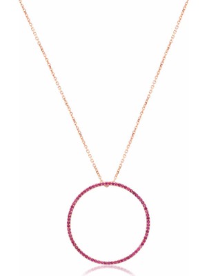 Emiliano Jewellery Kırmızı Taşlı Pırlanta Montür Rose Altın Kaplamalı Yuvarlak Gümüş Kolye