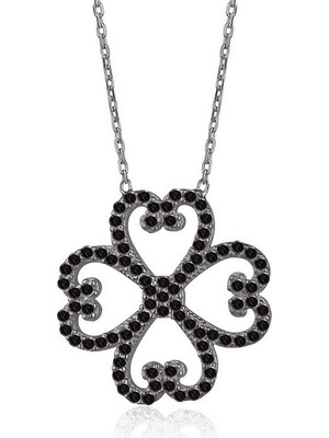 Emiliano Jewellery Siyah Zirkon Taşlı Pırlanta Montür Kalp Desenli Çiçek Rodium Kaplama Gümüş Kolye