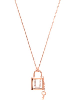 Emiliano Jewellery Zirkon Taşlı Rose Altın Kaplama Anahtarlı Kilit U Harfi Gümüş Kolye