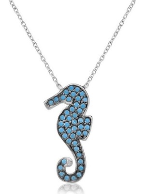 Emiliano Jewellery Zirkon Taşlı Pırlanta Montür Gümüş Altın Kaplama Deniz Atı Gümüş Kolye