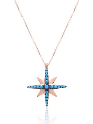 Emiliano Jewellery Turkuaz Taşlı Rose Altın Kaplama Kutup Yıldızı Gümüş Kolye