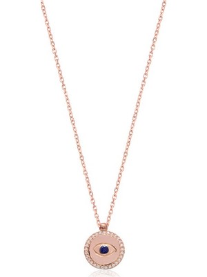 Emiliano Jewellery Zirkon Taşlı Rose Altın Kaplama Ortası Lacivert Mineli Göz Desenli Gümüş Kolye