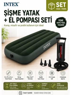intex 64106 Yeni Koyu Yeşil Tek Kişilik Şişme Yatak + Double Quick El Pompası Seti