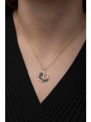 Nereze 925 Ayar Gümüş Kolye Kadın Turkuaz Elif Vav Temalı Zirkon Taşlı Rose Gold