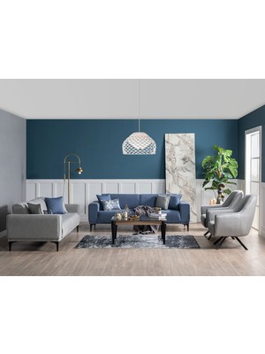 Weltew Home Stil Modern Koltuk Takımı 3+3+1+1 Mavi - Gri Keten Malzeme ile 228 cm Genişlik