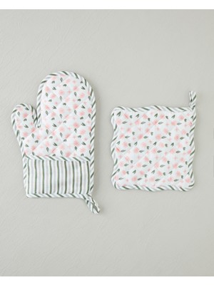 English Home Petal Dreams Fırın Eldiveni ve Tutacak Seti Beyaz - Pembe