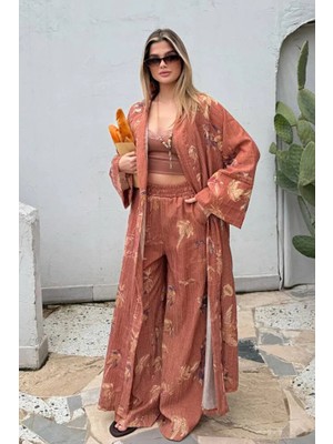 Nana & Mayka Moda Kadın Kiremit Çiçek Desenli Gofre Kimono Takım – Yazlık Pantolonlu Alt Üst Şık Kombin