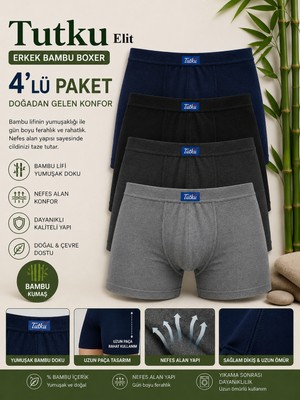 Tutku Elit  1254 Erkek Boxer Bambu Elastan Yumuşak Doku Konforlu   Karışık Boxer 4 Lü Paket