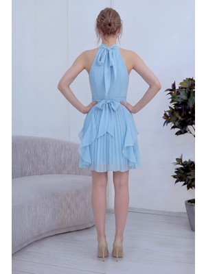 The ZKS Kadın Halter Yaka Fırfırlı Kuşaklı Şık Mini Şifon Elbise Pudra, Bebe Mavi , Bordo