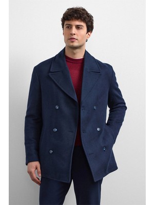 Lacivert Regular Fit Kruvaze Kısa Kaban