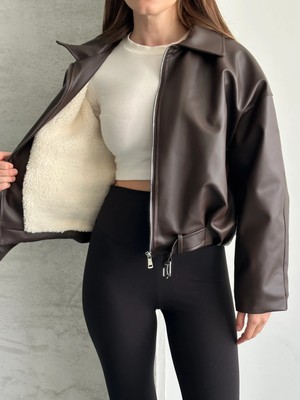 Vess Moda Içi Peluş Detaylı Kemerli Deri Ceket
