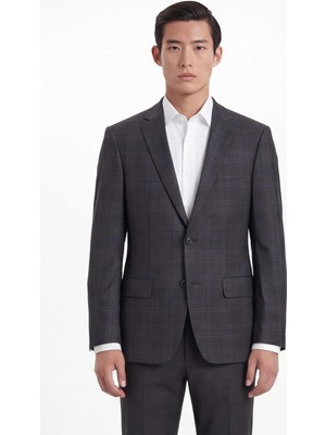 Giotelli Erkek Koyu Gri Dar Kesim Slim Fit %100 Yün Ekose Dokuma Normal Bel 6 Drop Takım Elbise
