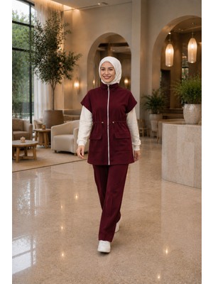 Esra Butik Bordo Yelekli 2’li Takım – Modern, Rahat ve Şık Günlük Kombin