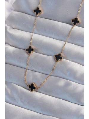 Inure Jewelry 316L Çelik Gold Renk Minimal Siyah Mineli Yonca Kolye