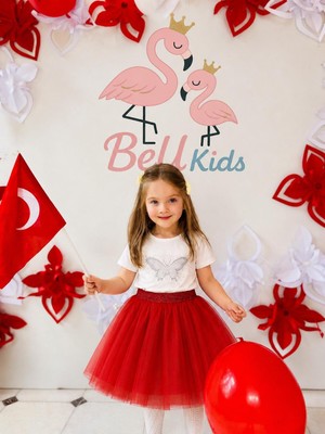 Beu Kids Kız Çocuk Tütü Etek Simli Lastikli Belli Pamuk Astarlı, 5-10 Yaş, Kırmızı & Beyaz